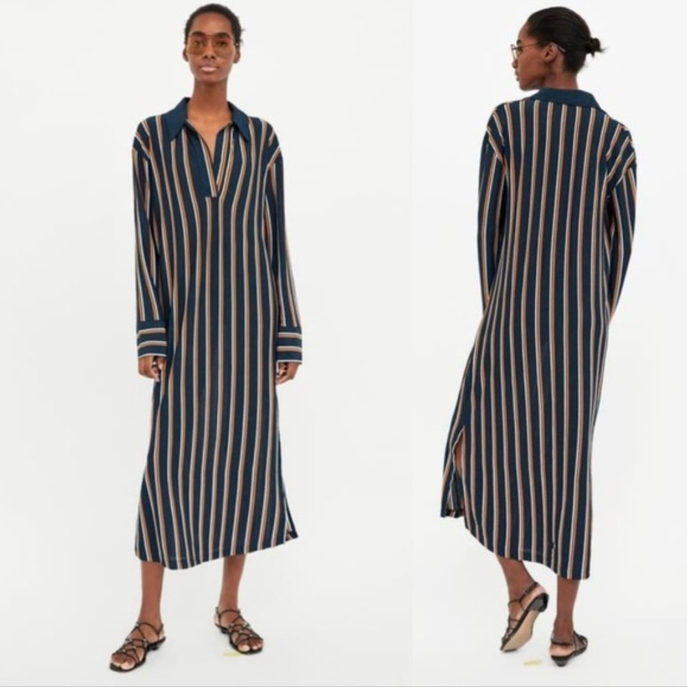 New Zara vertical stripe long sleeve collared split hem knit maxi dress